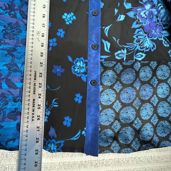 Koos Of Course Women's Long Sleeve Button Down Top Silk 1X Blue Floral Patchwork - Picture 9 of 9